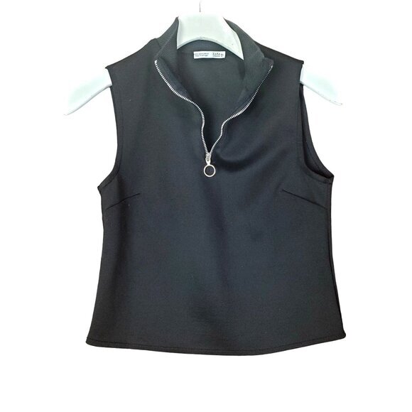 ZARA Womens Blouse SZ S High Zip‎ Neck Sleeveless Stretchy Black Minimal - Picture 3 of 5